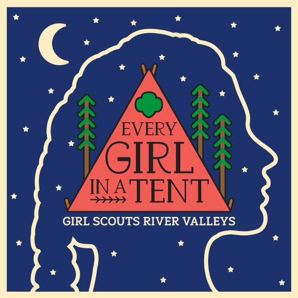 square patch with girl outline, tent and trees illustration in front of starry sky that says Every Girl in a Tent Girl Scouts River Valleys