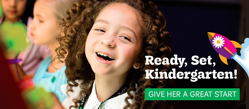 Make New Friends; Ready, Set, Kindergarten! Smiling curly haired Girl Scout with text, Ready, Set, Kindergarten! Give Her a Great Start.