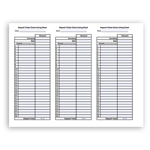 Deposit Ticket Listing Sheet print