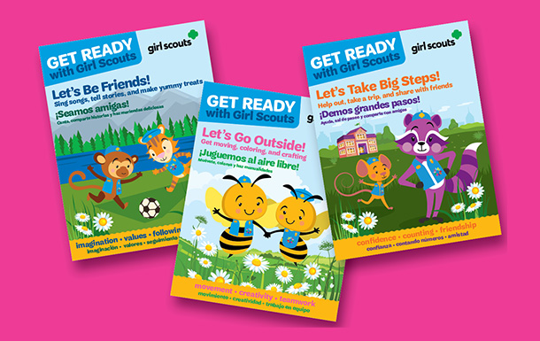 Covers of Girl Scout activity books on pink background