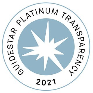 a logo with white starburst on light blue circle background that says GuideStar Platinum Transparency 2021.