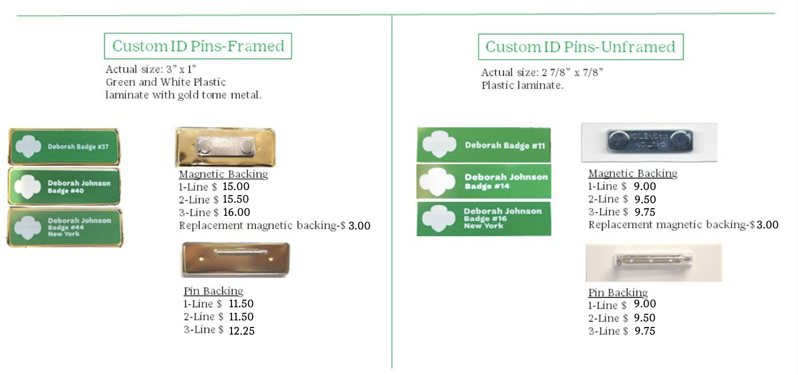 Chart of pricing and options for Framed ID Pins 