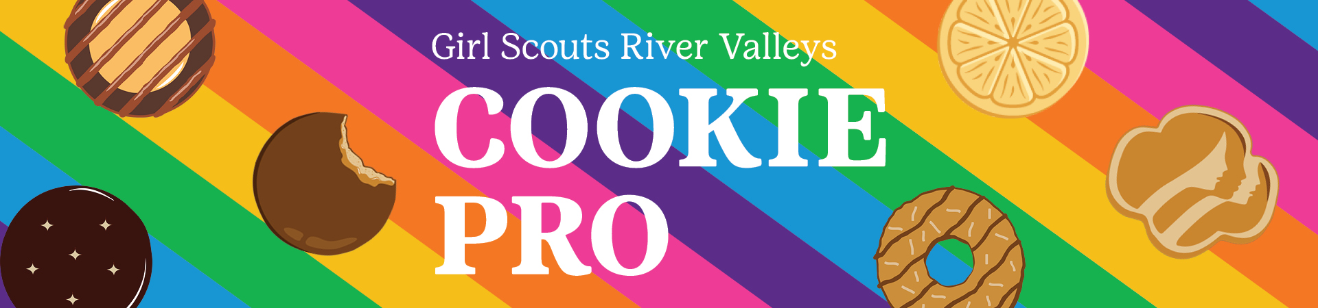  Colorful diagonally striped background with text Girl Scouts River Valleys Cookie Pro 