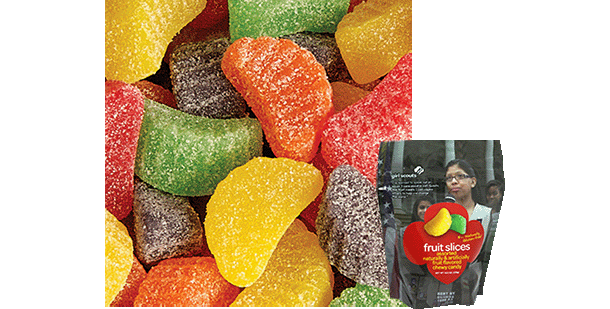 Colorful candies shaped like fruit slices and coated in sugar