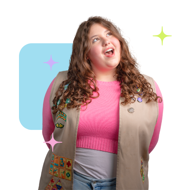 Girl Scout Junior wearing vest making a thinking pose