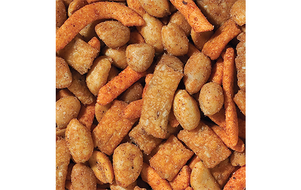 BBQ peanuts, hot Cajun corn sticks, mini sesame chips, taco and hot Cajun sesame sticks.