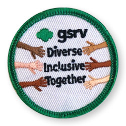 white circle patch with green border with text GSRV Diverse Inclusive Together.