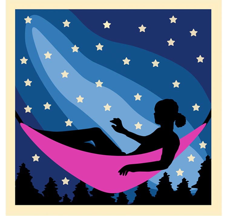 square patch with cream color border around a silhouetted girl in a hammock under the stars