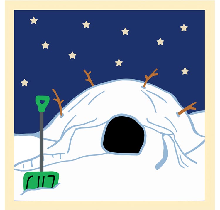 square patch with cream color border around a quinzee snow shelter and green shovel illustration